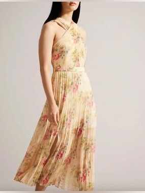 Ted Baker Amerah Cross Front Floral Pleated Midi Dress Chiffon Yellow US 4 NWT